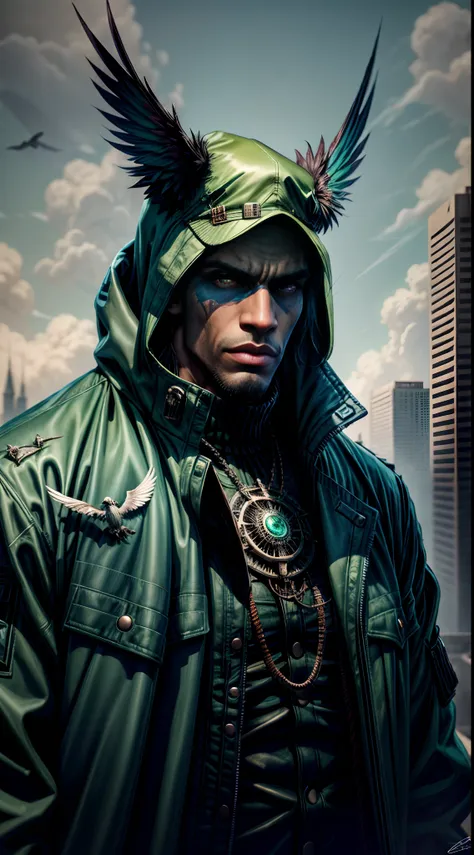 a dark man in an army jacket drooling on a city, in the style of hybrid creature compositions, light green and dark azure, steampunk creatures, brightly colored birds, sci-fi anime, marvel comics, avian-themed, conzept art, sharp focus, high detailed