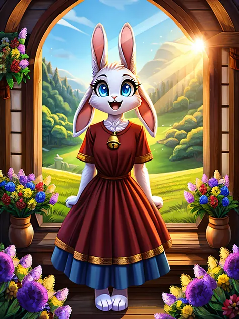 zoomed out image, fantasy style art, cute, adorable, attractive, teenage fluffy female white bunny with blue eyes, attractive body, large chest, curvy and skinny body, 4 ears, 2 extra ears, big floppy ears, long ears, ears perked up, raised ears, long eyel...