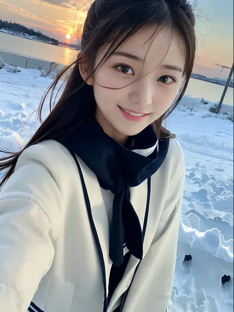 (Close up portrait of one girl with slender small breasts and twin-tailed long hair in a coat over a winter sailor suit and a scarf :1.5)、(One girl with little smile and hair fluttering in the wind :1.3)、(Beautiful snowy sunset sky:1.5)、(Perfect Anatomy:1....