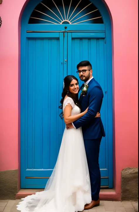 Bride and groom standing in front of blue door in wedding dress, Malika Favre, Jaqueline E, noivos, Laura Sava, julia sarda, 2 0 1 9, 2019, Karolina Cummings, Background Story : Diego Fazio, an epic fantasy, Olivia de Bernardinis, veja os detalhes, Valenti...