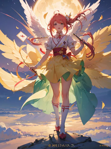 Sakura Card Captors, making victory sign, Kero-chan flying by her side, card symbolism, falling magic cards, full body, photography, (ultra-realistic), {extremely detailed 8k CG unit wallpaper}, photography expansive landscape, (an overhead view that prior...