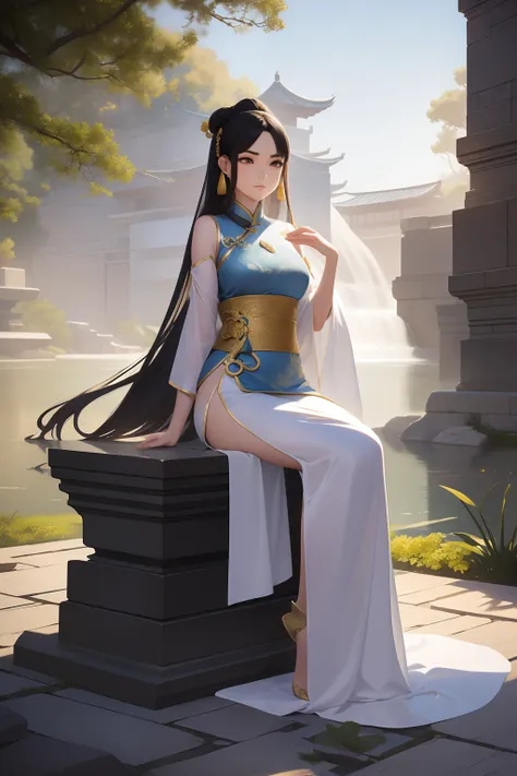 an ancient chinese beauty sitting on a stone, wearing ancient chinese clothing, flowing tulle, light silk, lazy posture, large l...