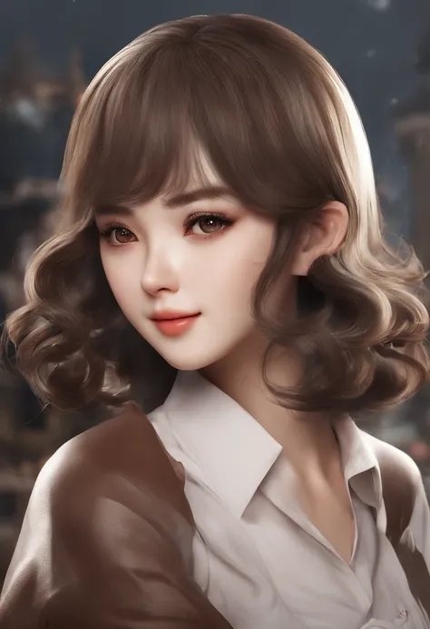 One girl,  (((Brown Made))),Highest Quality, in 8K,Large exposed bust、 masutepiece:1.3,  Black hair, Ultra-detailed face, Detailed eyes, Big Bust, Double eyelids, Best Smile,
,b3rli, Western Cafe