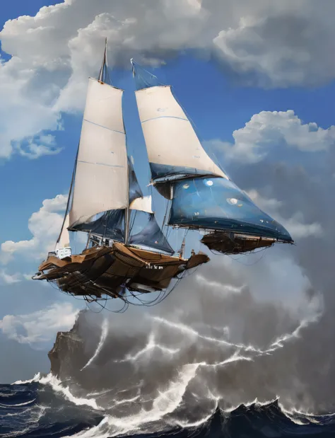 Futuristic super sailboat with the blue hull that flies between the clouds and far below the raging sea with huge waves crashing on the cliffs in the distance