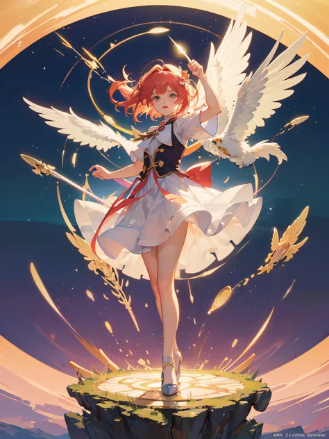 Sakura Card Captors, making victory sign, Kero-chan flying by her side, card symbolism, falling magic cards, full body, photography, (ultra-realistic), {extremely detailed 8k CG unit wallpaper}, photography expansive landscape, (an overhead view that prior...