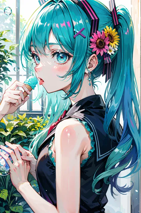 miku hatsune : 1.1, blue hair: 1.2, school uniform, Daytime: 1.2,In the garden: 1.1, flower, Film lighting, Surrealism, UHD, accurate, Super detail, textured skin, High detail, Best quality, 8k,Thin bangs, (colorful splashes),colorful bubble,(shining), thi...