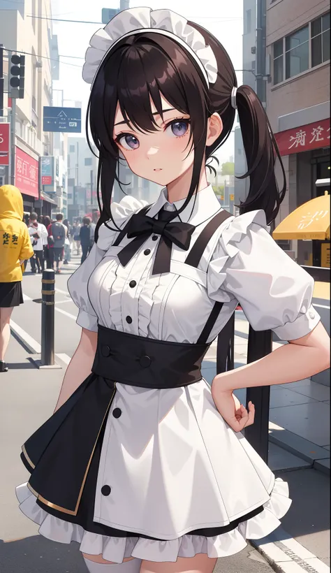 1girl in、AS-Adult、The shirt、Ultra mini skirt、pantiy、（small tits）、doress、pinafore、Hair decoration、（Maid costume）、Walking with a thigh、Upper body portrait、