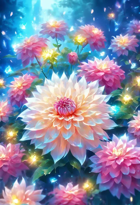 Digital art detailed for the best masterpieces, Highest Quality, bright delicate blue and pink dahlia flowers with elegant leaves,,１Only、Beautiful and elegant diamonds in the background, Graceful stems, And delicate, And elegant, flowey, Glittering petals,...