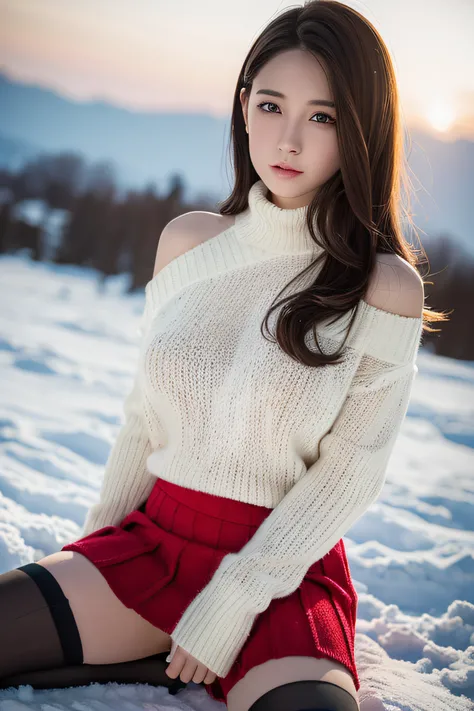 (RAW photo) Winters，snow landscape，a girl wearing an red shoulder-length sweater and (flared skirt), and (over-the-knee stockings)，(medium breasts), long hair, lacepantyhose, white underwear, Random color，long sweater，depth of fields，Real light，Ray trachin...