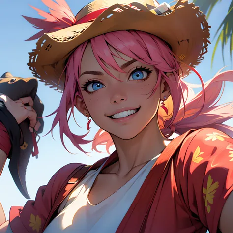 best quality,ultra-detailed,realistic:1.37,portrait,detailed eyes,detailed mouth,colorful,studio lighting,physically-based rendering,bokeh,One Piece,pirate,elastic body,grinning face,red straw hat,straw sandals,loose clothes,flexible,stretchy limbs,flaming...