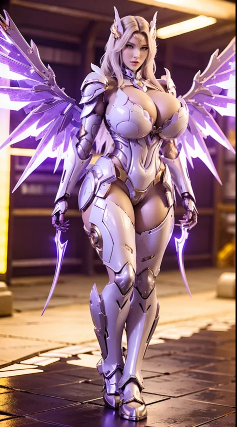 A WOMAN, BEAUTIFULL FACE, HUGE BOOBS, RGB, WHITE, GOLD, PURPLE, MECHA ARMOR FULL SUIT, (CLEAVAGE), (A PAIR LARGEST WINGS), TRANSPARANT, TALL LEGS, STANDING, SEXY BODY, MUSCLE ABS.