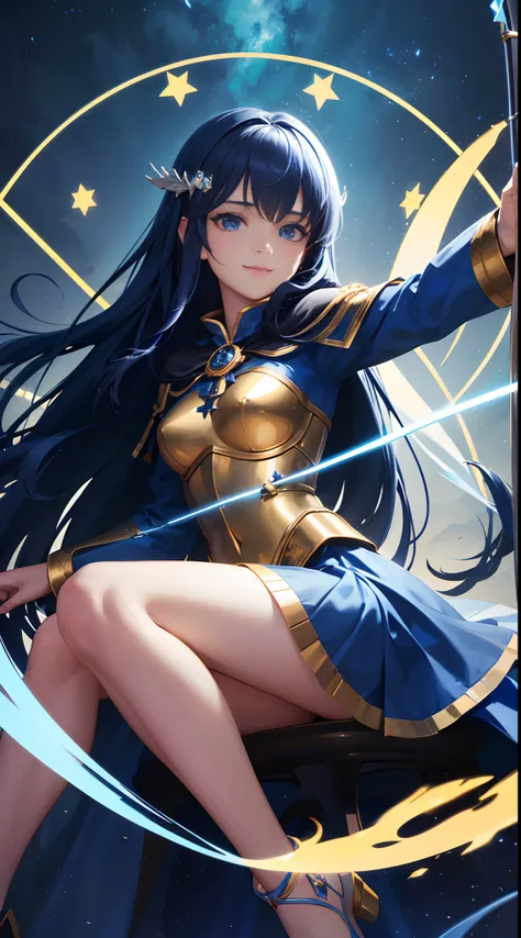 Full Body, Dark blue-haired young girl, blue eyes, angelic body and face, and a blue archer outfit with a mini skirt, wield a bow and arrows, wear a cloak, shield, and golden circlet, sitting on the throne of blue moon, blue seraphic wings, deep sea, and w...