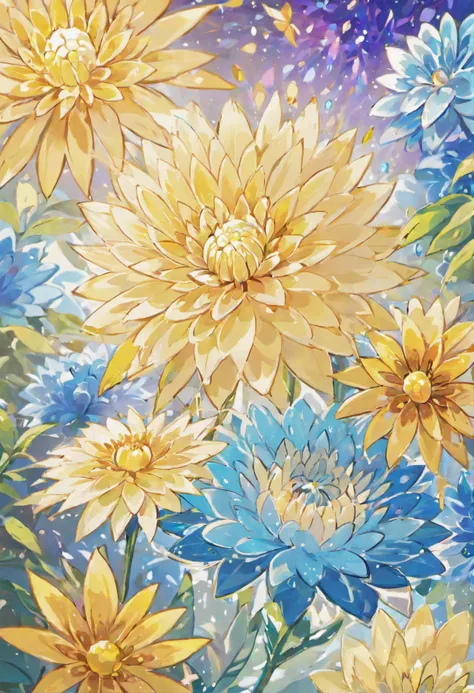 Digital art detailed for the best masterpieces, Highest Quality, bright delicate blue dahlia flowers with elegant leaves,,,,,１Only、Beautiful and elegant diamonds on the background, Graceful stems, And delicate, And elegant, flowey, Glittering petals, flowe...