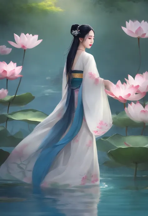 ((4k,masterpiece,best quality)), shuimobysim, traditional chinese ink painting, lotus,  hanfu, maxiskit, dress conservatively
1girl, solo, long blue hair, smile, standing, feet in the water, barefoot,