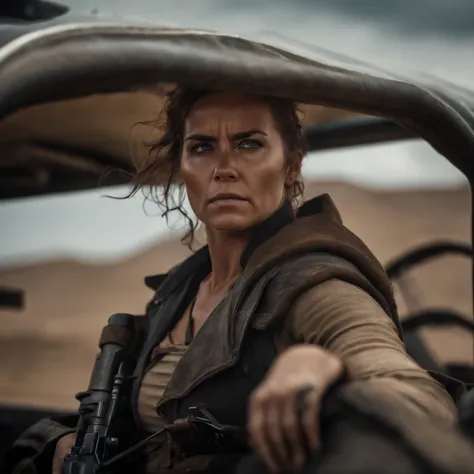 Mad Max Woman, photographrealistic, Postapocalypse、rifle、teats