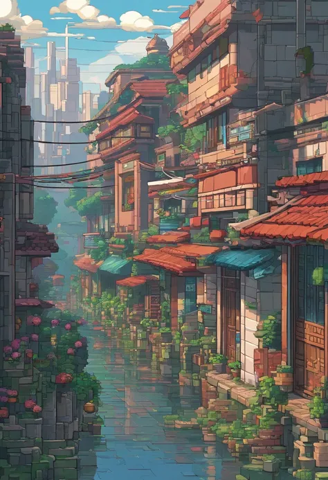 modern, speed lines, vanishing point, UHD, masterpiece, high details,There is a Chinese-style alley in the bustling city，Wires are interspersed between the houses on both sides，Stone bricks of different sizes are paved on the path，The sides are lined with ...