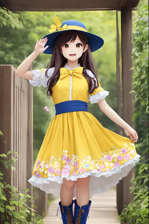 女の子1人、blue ribbons、florals、Hats、Windy, Thats why Im wearing a hat、Yawning face、Longer dress、length hair、bow ribbon、Sleeveless、a straw fedora hat、Eye Up、yellow  eyes、Urban Park、butterflys々is flying、kawaii pose、Im wearing cute boots