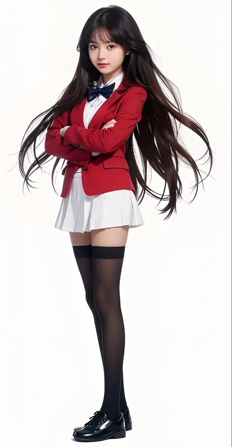 a girl in a uniform standing with her arms crossed, hyperrealistic, red blazer, white short skirt, beautiful high school girl, cute girl, long socks, school shoes