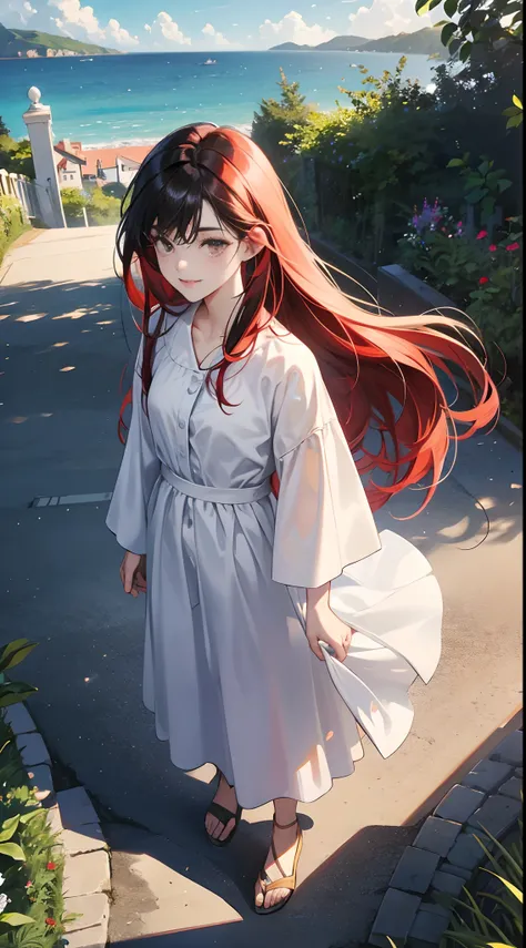 (Best Quality,4K,High resolution), 18yo woman, Red mesh hair on black hair, Long hair, Straight hair,  , Comical appearance，Delicately drawn illustrations down to the smallest detail, Realistic portrayal,outside of house，On a hill with a view of the sea，A ...