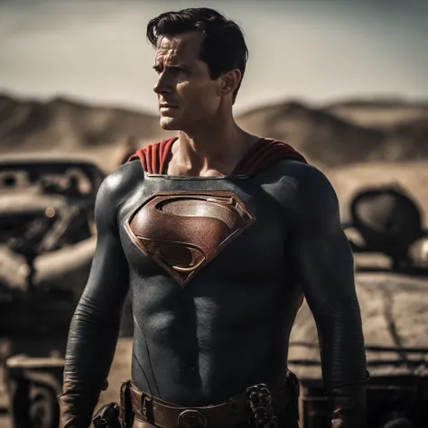 Mad Max as Superman, photographrealistic, Postapocalypse、rifle、Naked, Colossal tits、superman、Lots of skin、