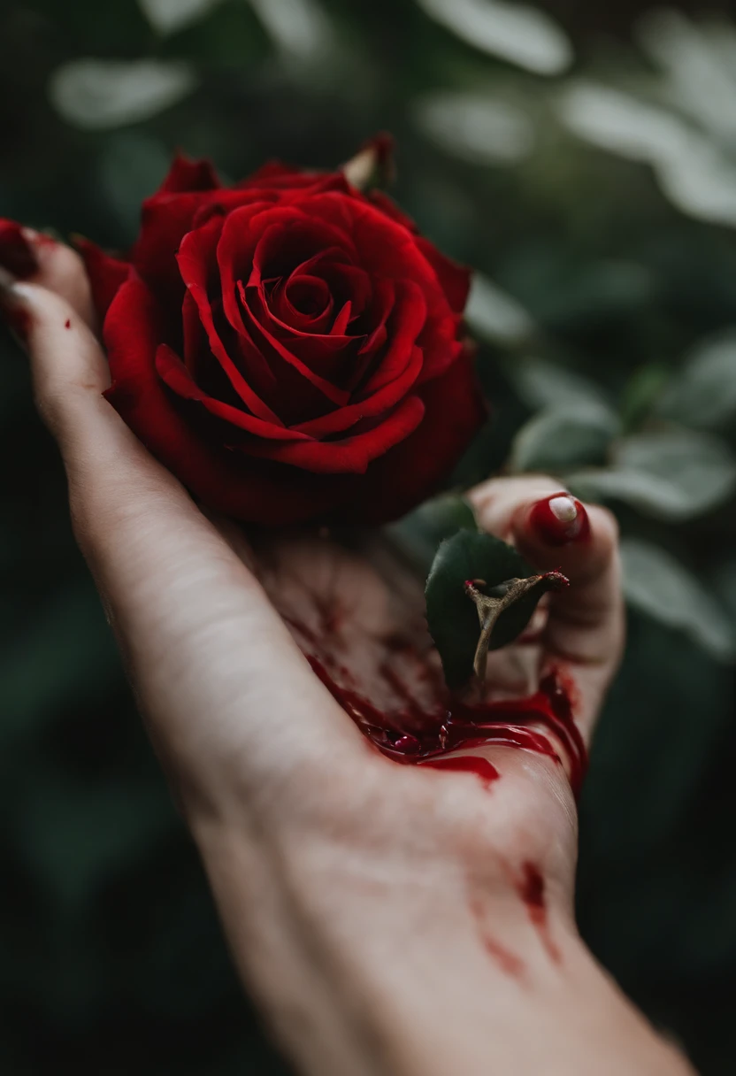 thorns of a rose piercing a bleeding hand, garden background, focus on the hand, blood, vibrant red and green colors