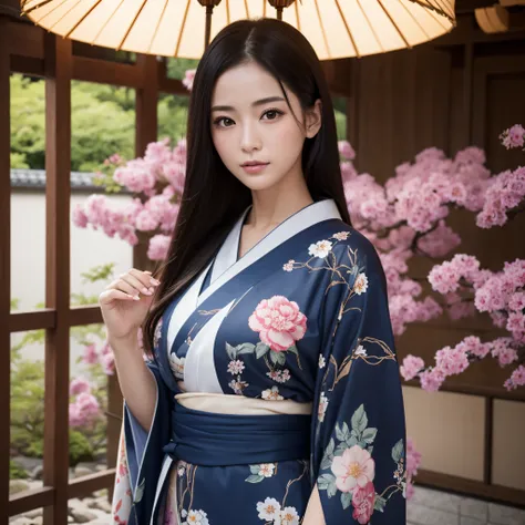 (Woman in kimono)、((best qualtiy、8k masterpieces:1.3))、foco nítido:1.2、(ultra beautiful faces:1.0)、(shinny skin:1.0)、photos realistic、A dark-haired、Video Lighting、High-definition eyes and face、Video Lighting、25-year-old Japan actress、from the front side、me...