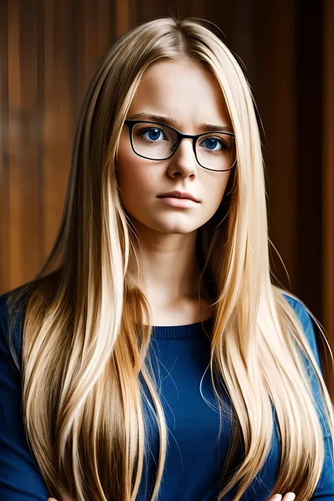 Upset young blondy woman, long hair, glasses, standing with arms folded.