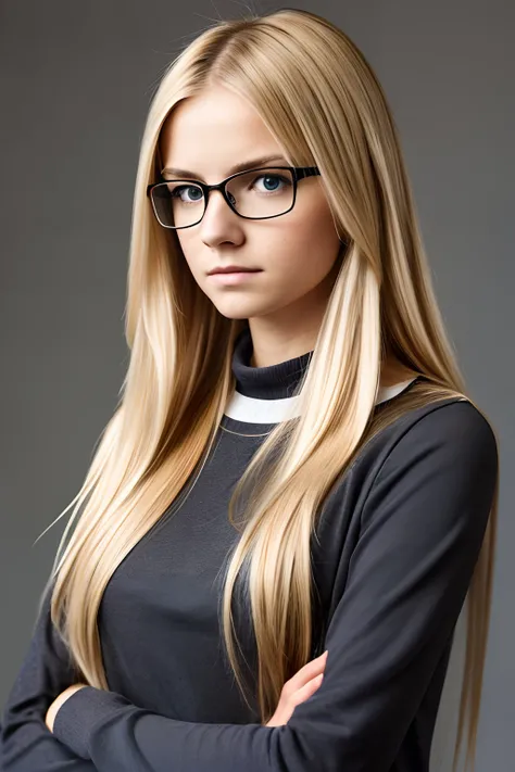 Full-length portrait of a disgruntled young blonde woman, long hair, glasses, standing with arms crossed.