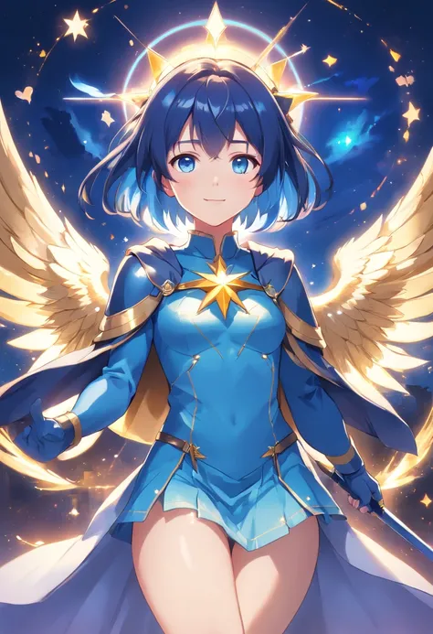 Full Body, Dark blue-haired young girl, blue eyes, angelic body and face, and a blue crystal armor with a mini skirt, wield a spear, wear a cloak, shield, and golden circlet, sitting on the throne of blue heaven, white seraphic wings, dusk, and dawn backgr...