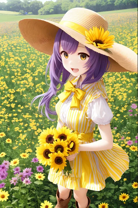 女の子1人、blue ribbons、鎖骨、florals、Hats、Windy, Thats why Im wearing a hat、Yawning face、Longer dress、length hair、purple color  hair、bow ribbon、Sleeveless、a straw fedora hat、Eye Up、yellow  eyes、yellow flower、There is a flower in the foreground、Petals are flutteri...