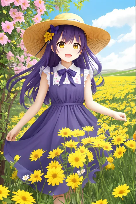 女の子1人、blue ribbons、鎖骨、florals、Hats、Windy, Thats why Im wearing a hat、Yawning face、Longer dress、length hair、purple color  hair、bow ribbon、Sleeveless、a straw fedora hat、Eye Up、yellow  eyes、yellow flower、There is a flower in the foreground、Petals are flutteri...