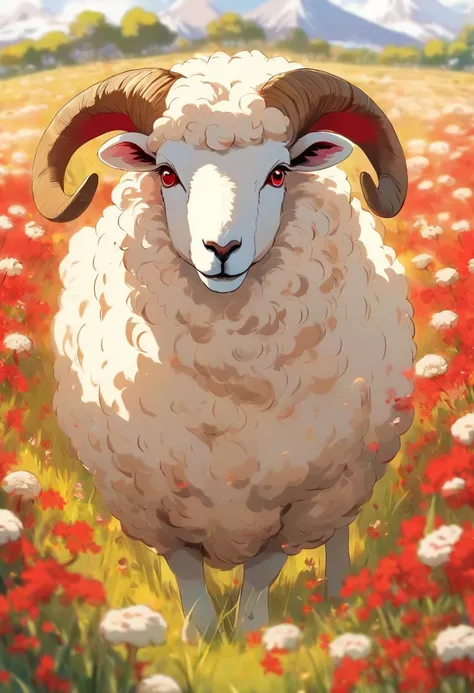 a detailed anime drawing of a white sheep with red markings on its body, large curled horns, and red eyes wandering through a meadow by itself