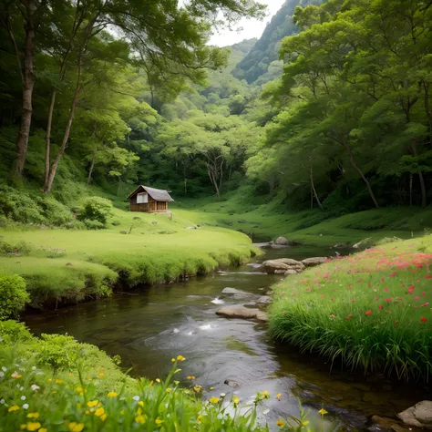 Foto realistica, 8k, Richness of detail in the setting, cores fortes, Highly sharp focus, cores da natureza,  Clear and quiet water stream in the center of the landscape, There is a small hut in the middle of a mountain with flowers, natureza deslumbrante ...