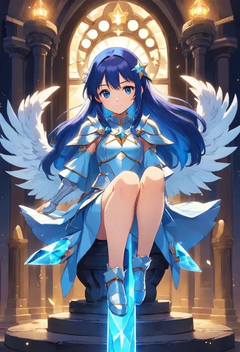 Full Body, Dark blue-haired young girl, blue eyes, angelic body and face, and a blue crystal armor with a mini skirt, wield a spear, wear a cloak, shield, and golden circlet, sitting on the throne of blue heaven, white seraphic wings, dusk, and dawn backgr...