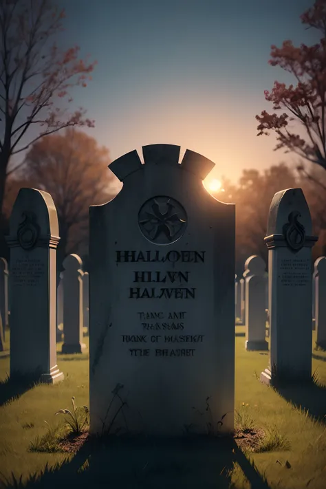 Halloween poster, graveyard, main tombstone, realistic, ultra high definition very clear, day time