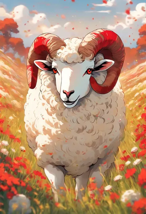 a detailed anime drawing of a fantasy white sheep with red markings on its body, large curled horns, and red eyes wandering through a meadow by itself