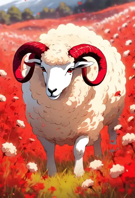 a detailed anime drawing of a fantasy white sheep with red markings on its body, large curled horns, and red eyes wandering through a meadow by itself