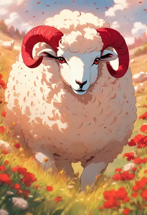 a detailed anime drawing of a fantasy white sheep with red markings on its body, large curled horns, and red eyes wandering through a meadow by itself