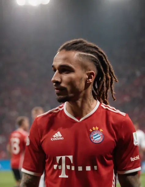 Homem Soccer Player in Bayern de Munique, cabelo de dreadlock, With tattoos