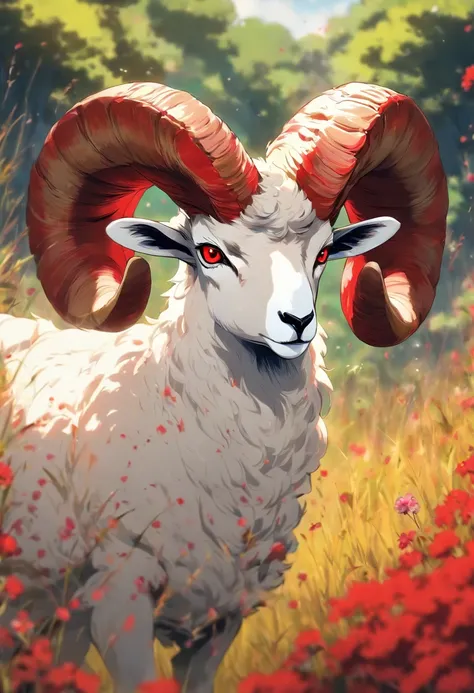 a detailed anime drawing of a dangerous white ram with red markings on its body, large curled horns, and red eyes wandering through a meadow by itself