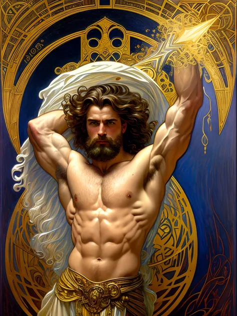 Portrait of a stout mighty God unleashing all his powers, digital painting in the style of Robert Liberace, dynamic action poses of stout zeus, god of thunder, greek god, blond hair, male, mature, handsome, upper body, muscular, hairy torso, fantasy, intri...