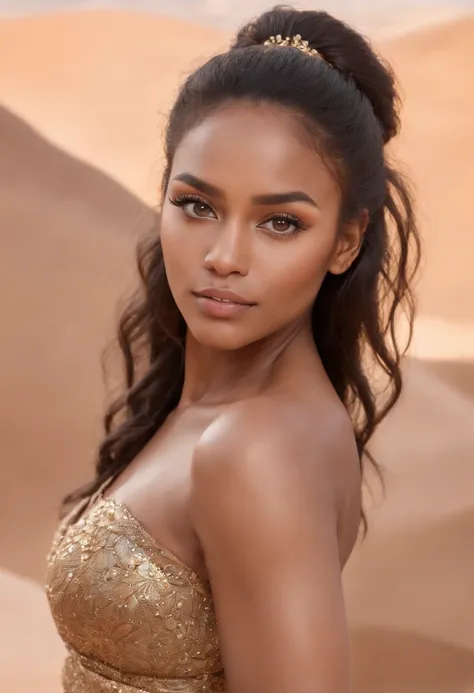 dark brown skin, beautiful face, afro hair, natural afro, long hair, african tribal theme, gold jewelry, ((crystal clear hazel eyes:1.2)), detailed eyes, beautiful eyes, ((masterpiece, UHD, 8K)), Depth of field, sand dunes, cleavage, large breasts, focus o...