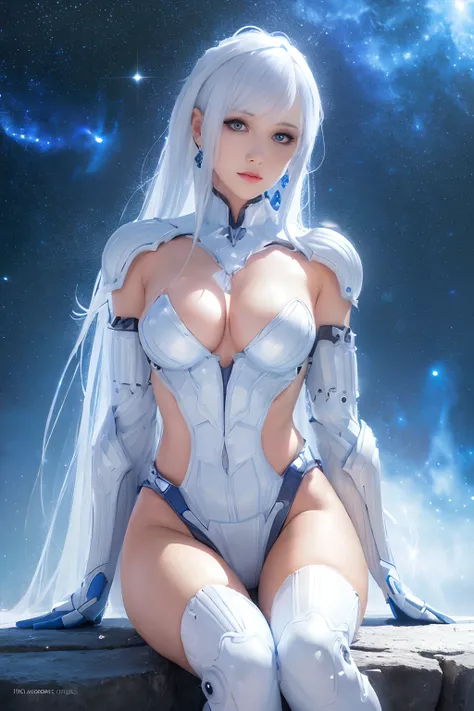 RAW, 1girl, colorful, ((white matte armor, blue lights )), (masterpiece, best quality), (detailed skin:1.3, detailed face:1.3), dslr, realistic, (((seductive pose, detailed galaxy landscape))), delicate, soft colors, cinematic lighting