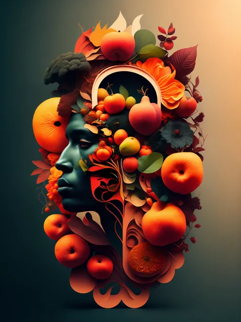 a stylized image of the head frontal view of a man with many different fruits and flowers