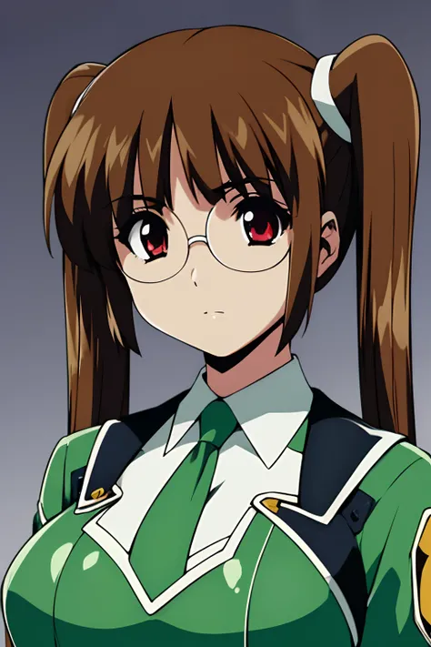 1girl in,(high-level image quality:1.3)、(​masterpiece:1.3)、4K,8K,Official art,(Green Suit:1)、(Black tie:1),（huge-breasted:1.3),eye glass、Twin-tailed、Brown hair color,(simple background:1.4)