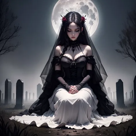 Living Dead Bride, bloody gothic prom dresses, Beautiful Beautiful Girl，１a person，Spooky cemetery landscape, Around the dark fog, at night with full moon, sitting on，Praying with hands together in front of the grave，image perfect, realist, 8K，Best Quality，...