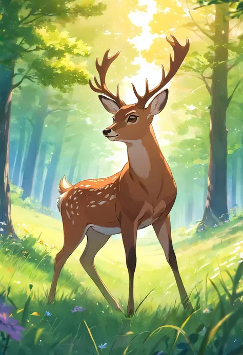 a detailed anime drawing of a brown deer that gives off a aura of grace with, large antlers, and green eyes dashing through a meadow by itself