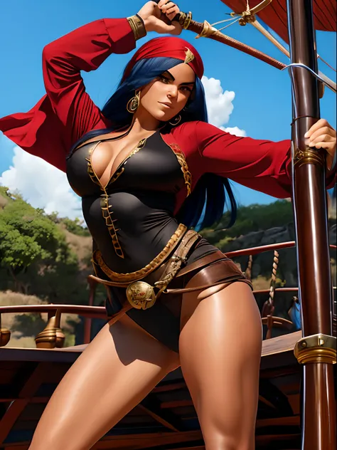 (SFW)Inspirado na arte de John Buscema,1mulher pirata, cabelos longos negros, headband red, olhos negros, corpo delgado, middlebreasts, arrogante, wearing shirt with buttons, Manga comprida, cinto com fivela exagerada, tight dress pants, Botas Bucaneiro, s...