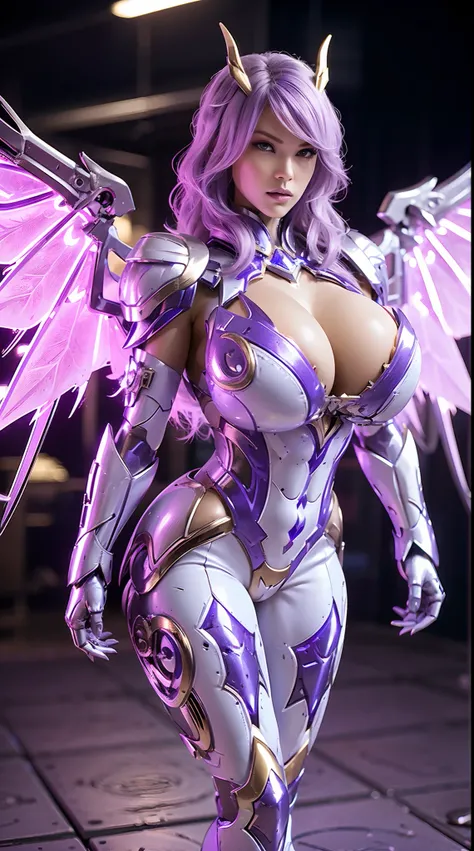 A WOMAN, BEAUTIFULL FACE, HUGE BOOBS, RGB, WHITE, GOLD, PURPLE, MECHA ARMOR FULL SUIT, (CLEAVAGE), (A PAIR LARGEST WINGS), TRANSPARANT, TALL LEGS, STANDING, SEXY BODY, MUSCLE ABS.