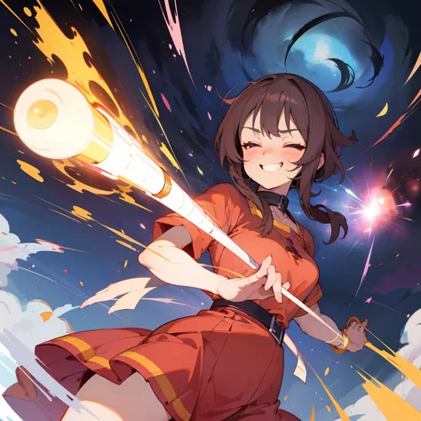 highly detailed, masterpiece, anime style, megumin from konosuba casting massive magical explosion, big happy grin